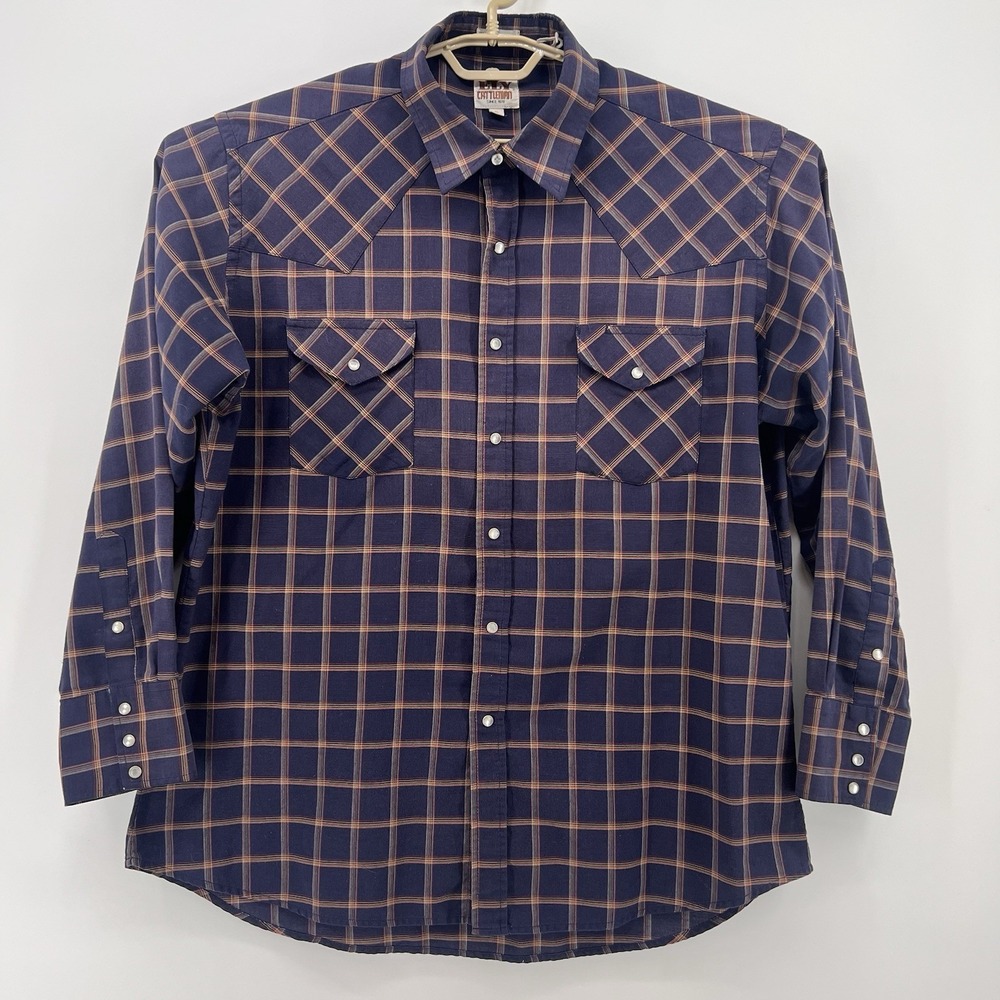 Ely‎ Cattleman Men's XL Pearl Snap Western Button Down Shirt Navy Blue Plaid